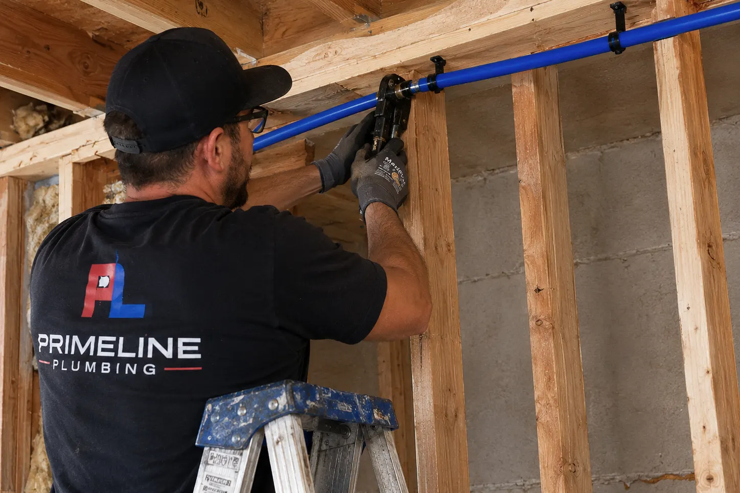 A plumber in a PrimeLine Plumbing shirt crimping a blue PEX water line onto a fitting in an open stud wall during a whole-house repipe.
