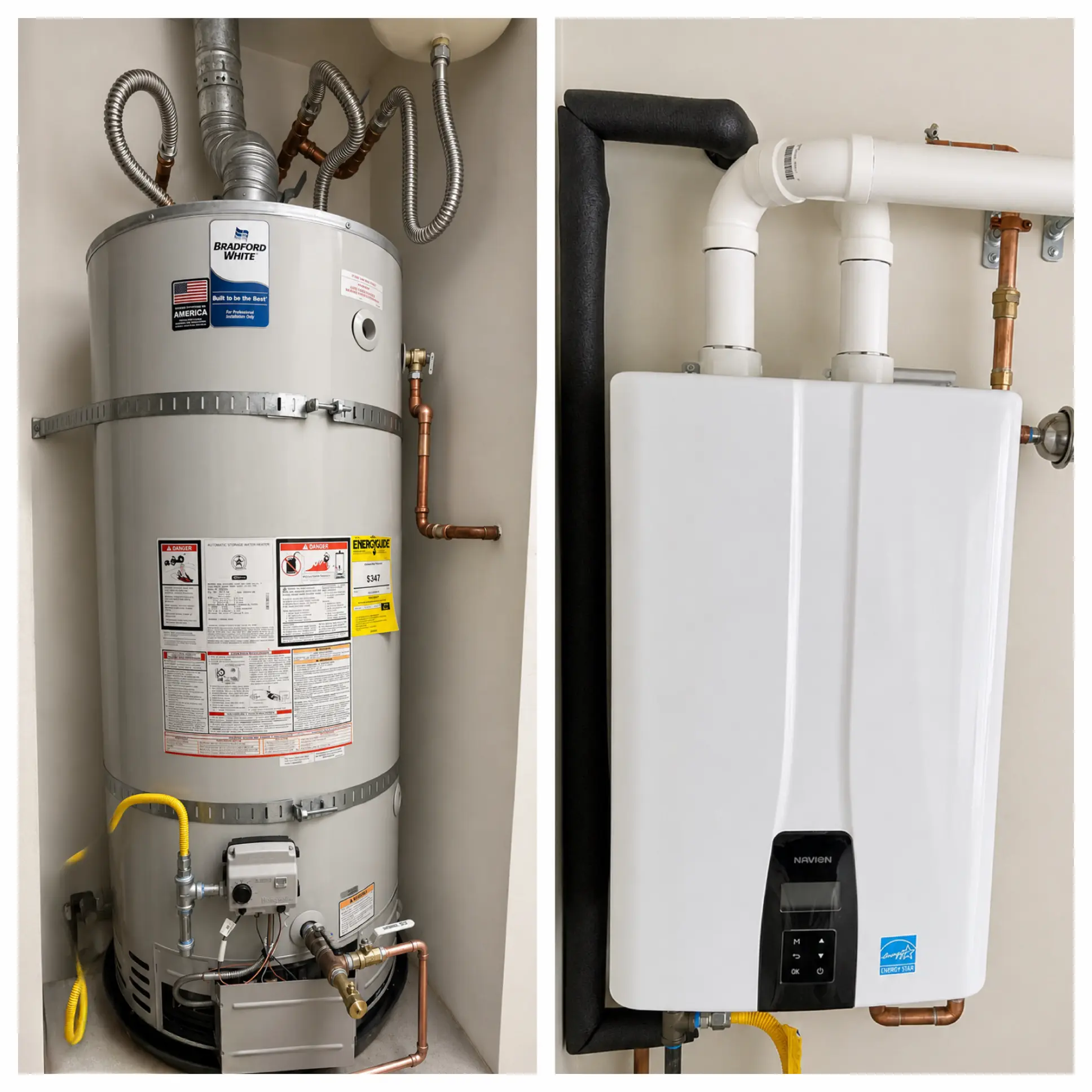 A tank water heater beside a wall-mounted tankless water heater, both plumbed with copper, flex connectors and PVC flues in adjacent closets.